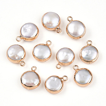 Electroplated Natural Keshi Pearl Flat Round Pendants, Cultured Freshwater Pearl Baroque Pearl Charms, Golden, Seashell Color, 15~16x11~12.5x4.5~6mm, Hole: 1.6~1.8mm