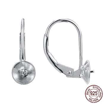 Rhodium Plated 925 Sterling Silver Leverback Earring Findings, with Cup Pearl Peg Bails Pin, for Half Drilled Beads, Platinum, 17mm, Pin: 0.7mm, Bail: 6mm, pin: 0.6mm