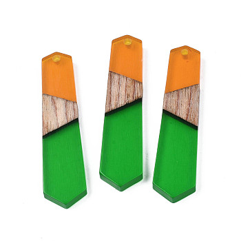 Transparent Resin & Walnut Wood Pendants, Polygon, Green, 49.5x12.5x4mm, Hole: 2mm