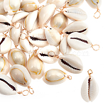 50Pcs Natural Cowrie Shell Pendants, Shell Charms with Real 18K Gold Plated Eco-Friendly Copper Wire, Seashell Color, 28~32.5x14~16.5x11~12.5mm, Hole: 3.6mm(FIND-BBC0003-13)