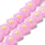 Glass Beads Strands, Hand Painted Beads, with Enamel, Flower, Pink, 14.5~15x14x8~8.5mm, Hole: 1mm, about 25pcs/strand, 13.46''(34.2cm)(LAMP-R145-07B)