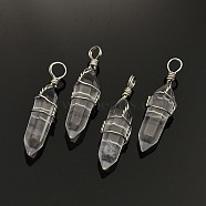 Faceted Bullet Platinum Plated Brass Quartz Crystal Double Terminated Pointed Pendants, Rock Crystal, 38~42x8~9mm, Hole: 3~6mm(G-J265-15)