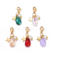 Faceted Teardrop Glass Pendants, with Glass Pearl Round Beads, Star 304 Stainless Steel Charms & Lobster Claw Clasps, Mixed Color, 34mm(HJEW-JM00487)