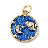 Rack Plating Brass Micro Pave Cubic Zirconia Pendants, with Enamel and Jump Ring, Sequins, Cadmium Free & Nickel Free & Lead Free, Real 18K Gold Plated, Flat Round with Moon & Planet, Medium Blue, 16.5x14x2.5mm, Hole: 3.4mm(KK-H431-09G-A)