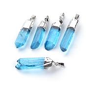 Natural Quartz Pointed Pendants, with Brass Findings, Dyed, Bullet, Platinum, Dodger Blue, 30~45x7~12x6~11mm, Hole: 7x2mm(G-Q481-68A)