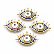 Brass Micro Pave Cubic Zirconia Links connectors, with Enamel, Evil Eye, Colorful, Golden, 19x29.5x4.5mm, Hole: 1.2mm(ZIRC-T005-044G)