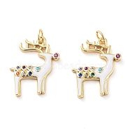 Christmas Theme Rack Plating Brass Pendants, Micro Pave Colorful Grade AAA Cubic Zirconia, with Enamel and Jump Ring, Long-Lasting Plated, Cadmium Free & Lead Free, Deer, 17x14x2mm, Hole: 2.5mm(X-KK-M280-11C-G)