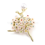 Ballerina Alloy Brooch with Resin Pearl, Exquisite Rhinestone Lapel Pin for Girl Women, Golden, Colorful, 59x45x16.5mm, Pin: 0.8mm(JEWB-O009-20)