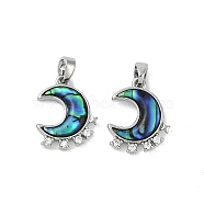 Natural Paua Shell Moon Pendants, Brass Micro Pave Clear Cubic Zirconia Moon Charms, Platinum, 16.5x13x3mm, Hole: 3x5mm(KK-U043-23P-01)