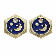 Rack Plating Alloy Pendants, with Enamel, Cadmium Free & Lead Free, Hexagon with Moon & Star, Light Gold, Blue, 23x20x1.5mm, Hole: 3mm(X-PALLOY-S132-232-RS)