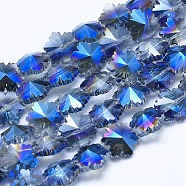 Electroplate Glass Beads Strands, Half Plated, Faceted, Snowflake, Blue Plated, 12~12.5x14x8~8.5mm, Hole: 1mm, about 25pcs/strand, 12 inch(30.5cm)(EGLA-F134-HP03)