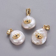 Natural Cultured Freshwater Pearl Pendants, with Brass Micro Pave Cubic Zirconia Findings, Nuggets with Evil Eye, Long-Lasting Plated, Golden, Black, 17~27x12~16x6~12mm, Hole: 4x2.5mm(KK-L187-08G)