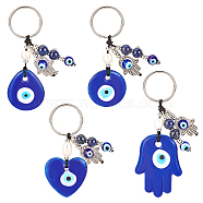 Elite 4Pcs 4 Style Natural Lapis Lazuli & Freshwater Pearl Bead Keychain, Evil Eye Keychain, with 304 Stainless Steel Findings, Heart & Teardrop & Flat Round & Hamsa Hand, Blue, 7.4~92cm, 1pc/style(KEYC-PH0001-69)