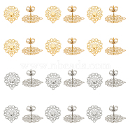 304 Stainless Steel Stud Earring Findings, with Loop, Flower, Golden & Stainless Steel Color, 16x14mm, Hole: 1mm, Pin: 0.7mm, 24pcs/box(STAS-UN0008-71)