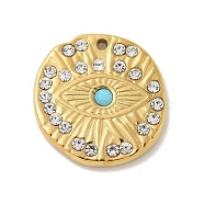 304 Stainless Steel Rhinestone Pendants, Flat Round, Evil Eye, Golden, 19.5x18.5x3mm, Hole: 1.4mm(STAS-I322-48G)