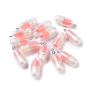 Translucent Plastic Pendants, Pill Capsule Charm, with Platinum Tone Iron Loops, Pink, 29x10.5mm, Hole: 2mm(KY-L006-29C)