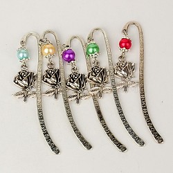 Tibetan Style Bookmarks/Hairpins for Valentine's Day, with Glass Pearl Beads, Rose, Mixed Color, 84mm(AJEW-JK00040)