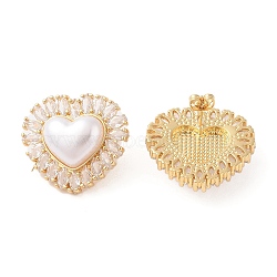 Rack Plating Heart Brass Micro Pave Clear Cubic Zirconia Stud Earring for Women, with Plastic Pearl, Cadmium Free & Lead Free, Long-Lasting Plated, Real 18K Gold Plated, 26x29mm(EJEW-G394-38G)