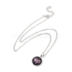 Glass Flat Round Pendant Necklace with Brass Chain, Breast Cancer Awareness Ribbon Jewelry for Women, Heart Pattern, 18.70 inch(47.5cm)(NJEW-A003-01B)