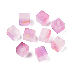 Frosted Glass Beads with Golden Glitter Powder, Two Tone, Cube, Hot Pink, 7x6x6mm, Hole: 1.4~1.5mm, about: 1818pcs/1000g(DGLA-NH001-6mm-01J)