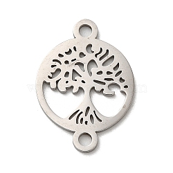304 Stainless Steel Connector Charms, Flat Round with Tree of Life Links, Stainless Steel Color, 21x15x1mm, Hole: 1.8mm(STAS-D013-02D-P)