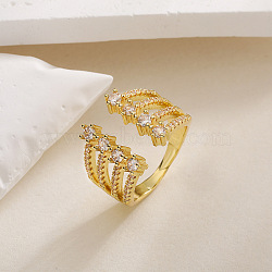 Brass Micro Pave Cubic Zirconia Cuff Rings for Women, Real 18K Gold Plated, Inner Diameter: 17mm(RJEW-P129-04G)