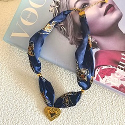 304 Stainless Steel Enamel Pendant Printed Cloth Scarf Necklaces for Women, Golden, Heart, 19.69 inch(50cm), Pendant: 29x32mm(FS-WGDE682-07)