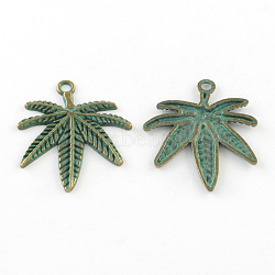 Zinc Alloy Pendants, Cadmium Free & Lead Free, Pot Leaf/Hemp Leaf Shape, Weed Charms, Antique Bronze & Green Patina, 38x32x2mm, Hole: 3mm(X-PALLOY-R065-041-LF)