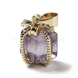 Natural Amethyst Gift Box Charms, with Golden Plated Brass Bowknot, 15x11x11mm, Hole: 4.5x3.5mm(G-P523-01G-05)