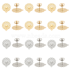 304 Stainless Steel Stud Earring Findings, with Loop, Flower, Golden & Stainless Steel Color, 16x14mm, Hole: 1mm, Pin: 0.7mm, 24pcs/box(STAS-UN0008-71)