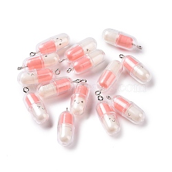 Translucent Plastic Pendants, Pill Capsule Charm, with Platinum Tone Iron Loops, Pink, 29x10.5mm, Hole: 2mm(KY-L006-29C)