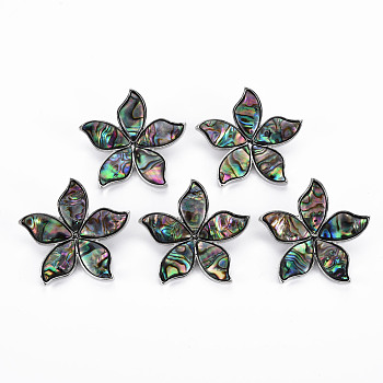 Flower Shape Natural Abalone Shell/Paua Shell Brooch Pin, Alloy Lapel Pin for Backpack Clothing, Lead Free & Cadmium Free, Antique Silver, Colorful, 41x43x9~10mm, Hole: 6x4mm, Pin: 0.7mm