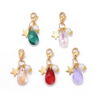 Faceted Teardrop Glass Pendants, with Glass Pearl Round Beads, Star 304 Stainless Steel Charms & Lobster Claw Clasps, Mixed Color, 34mm