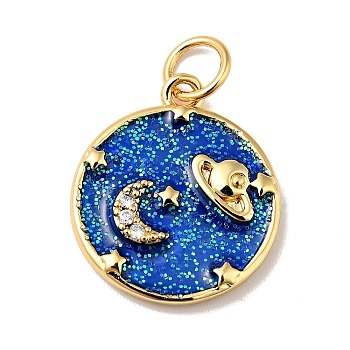Rack Plating Brass Micro Pave Cubic Zirconia Pendants, with Enamel and Jump Ring, Sequins, Cadmium Free & Nickel Free & Lead Free, Real 18K Gold Plated, Flat Round with Moon & Planet, Medium Blue, 16.5x14x2.5mm, Hole: 3.4mm