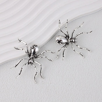 Alloy Rhinestone Stud Earrings, Spider, Antique Silver, 55x59mm