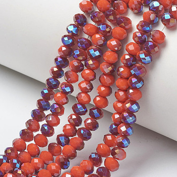 Electroplate Opaque Solid Color Glass Beads Strands, Half Plated, Blue Plated, Faceted, Rondelle, Orange Red, 4x3mm, Hole: 0.4mm, about 109~113pcs/strand, 38~39cm