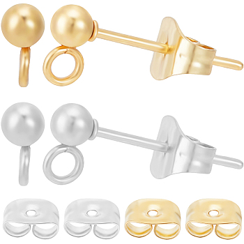 100Pcs 2 Style 304 Stainless Steel Ball Post Stud Earring Findings, with Vertical Loops, 100Pcs Ear Nuts, Real 24K Gold Plated & Stainless Steel Color, 15x6x3mm, Hole: 1.5~1.7mm, Pin: 0.5~0.8mm, 50Pcs/style