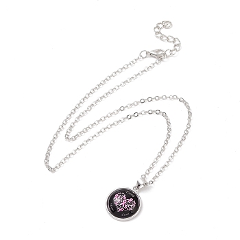 Glass Flat Round Pendant Necklace with Brass Chain, Breast Cancer Awareness Ribbon Jewelry for Women, Heart Pattern, 18.70 inch(47.5cm)