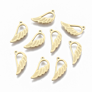 304 Stainless Steel Pendants, Wing, Real 14K Gold Plated, 12x5.5x1mm, Hole: 0.7mm
