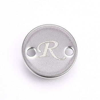 201 Stainless Steel Links connectors, Flat Round, Letter.R, Stainless Steel Color, 10x1mm, Hole: 1.5mm