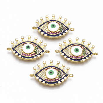 Brass Micro Pave Cubic Zirconia Links connectors, with Enamel, Evil Eye, Colorful, Golden, 19x29.5x4.5mm, Hole: 1.2mm