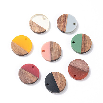 Resin & Wood Pendants, Flat Round, Mixed Color, 18x3.5mm, Hole: 1.5mm
