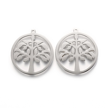 304 Stainless Steel Pendants, Manual Polishing, Ring with Tree of Life, Stainless Steel Color, 27x25x1mm, Hole: 1.4mm