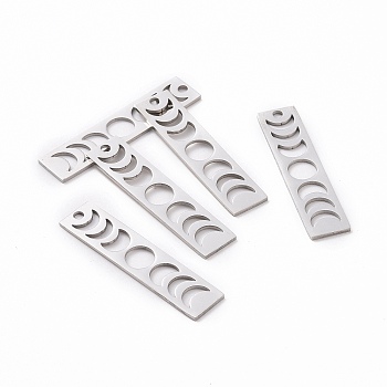 201 Stainless Steel Pendants, Laser Cut, Moon Phase Bar Charm, Stainless Steel Color, 35x8x1mm, Hole: 1.8mm