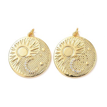 5Pcs Brass Micro Pave Cubic Zirconia Pendants, Long-Lasting, Flat Round with Sun & Moon & Star, Real 18K Gold Plated, 26.5x24x2.5mm, Hole: 3mm, Jump Ring: 5x0.8mm