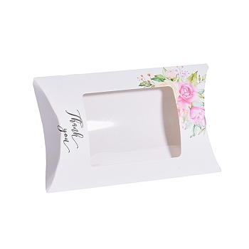 Paper Pillow Boxes, Gift Candy Packing Box, with Clear Window, Floral Pattern, White, 12.5x8x2.2cm