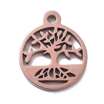 304 Stainless Steel Charms, Flat Round with Tree Pattern, Rose Gold, 13.5x11.5x1.3mm, Hole: 1.4mm