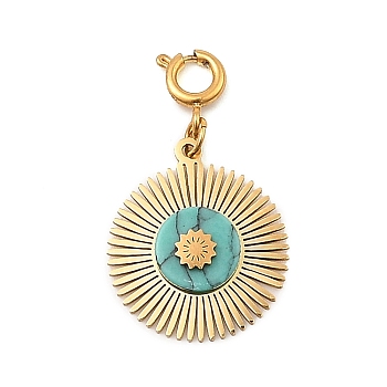 Natural Green Turquoise Flat Round Pendants Decorations, with 304 Stainless Steel Spring Ring Clasps, Golden, 30.5mm