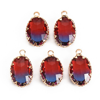 Gradient Color Glass Pendants, with Brass Prong Settings, Faceted, Oval, Light Gold, FireBrick, 19x11x5.5mm, Hole: 1.6mm