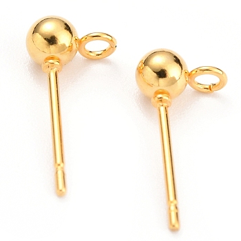 304 Stainless Steel Ball Stud Earring Findings, with Loop, Golden, 15x7x4mm, Hole: 1.7mm, Pin: 0.8mm